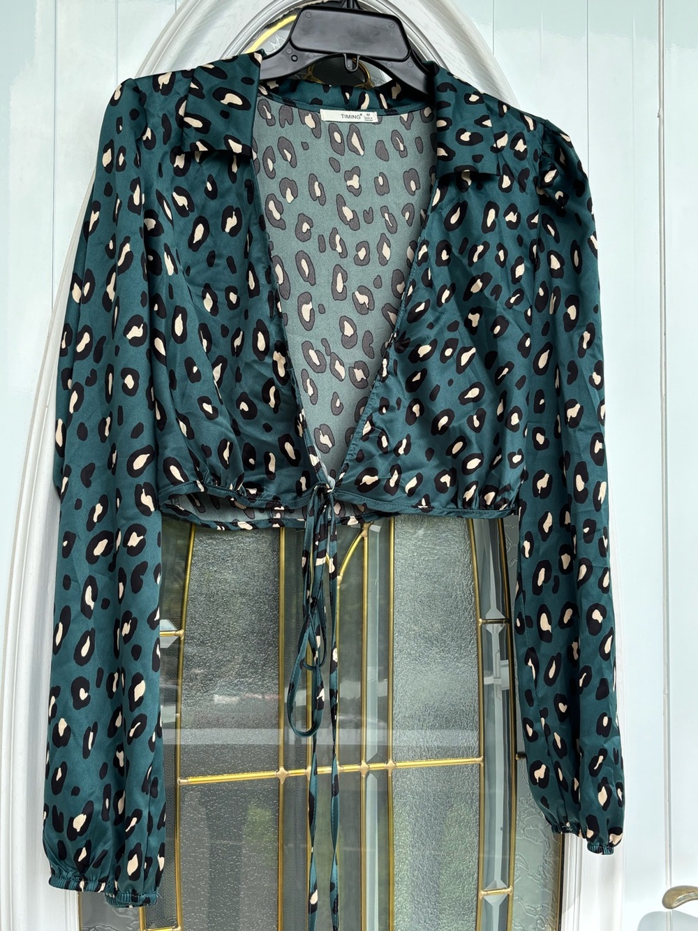 Womens Teal Leopard Print Tie-Front Blouse